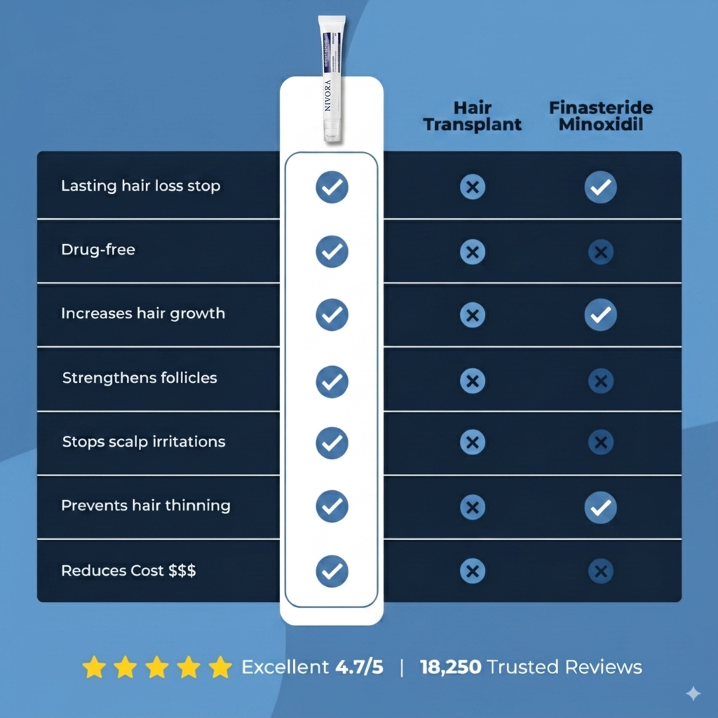 NIVORA Deoxyribose Scalp Serum compared to hair transplant and finasteride