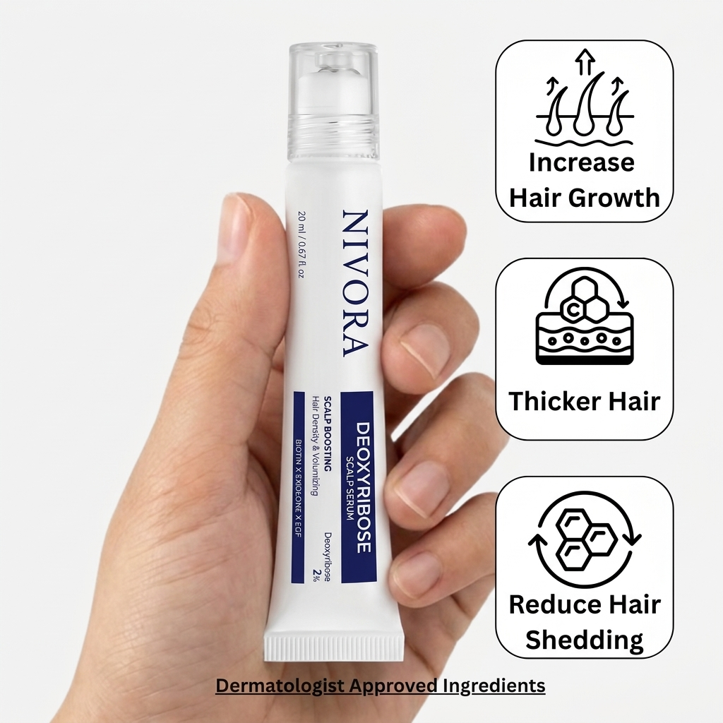 NIVORA Deoxyribose Scalp Serum tube held in hand with benefit callouts