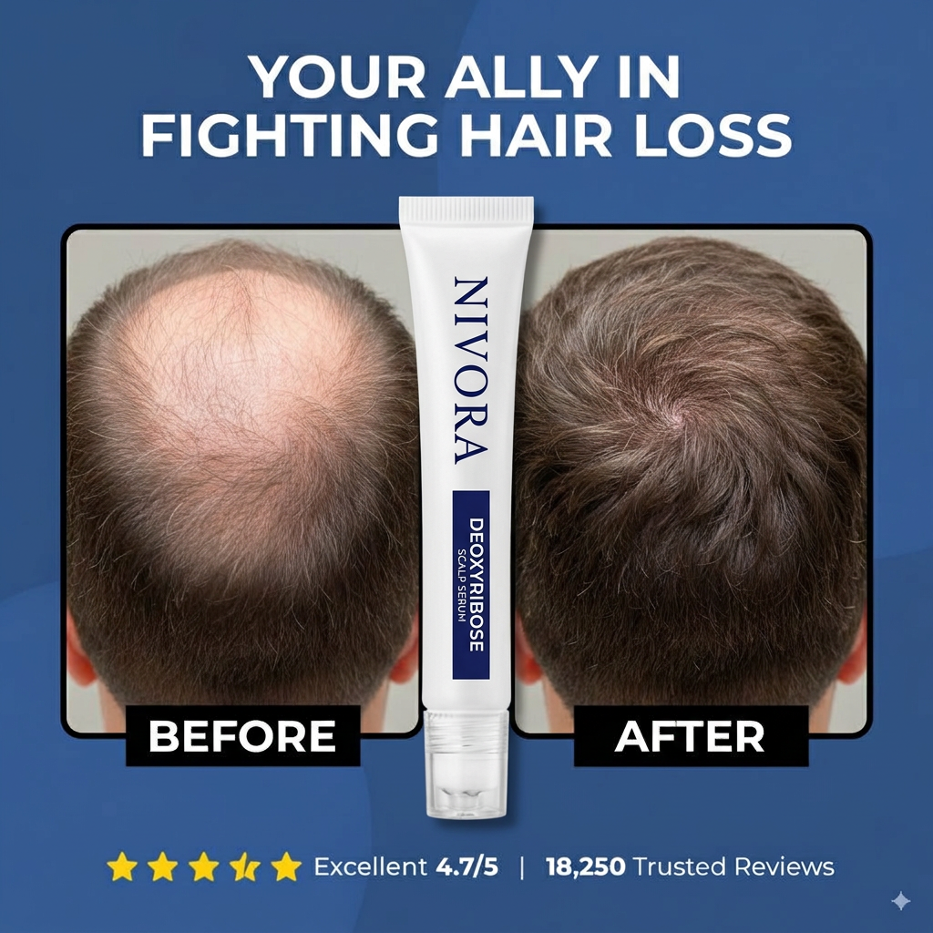 Before and after crown coverage with NIVORA Deoxyribose Scalp Serum