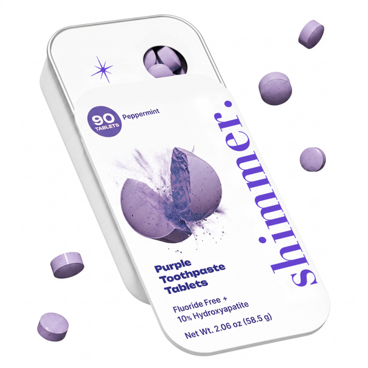 Shimmer Purple Toothpaste Tablets - white metal tin, 90 tablets, peppermint, fluoride free with 10% hydroxyapatite